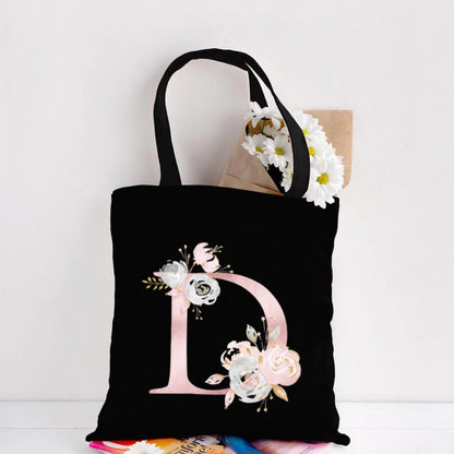 Her Letter, Her Bloom – Personalized Floral Initial Canvas Tote
