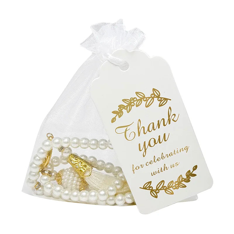 15/30Pcs Ramadan Glass Pearl Muslim Bracelet Prayer Beads Tassel Thank You Card Organza Bags Eid Mubarak Favor Gift for Home