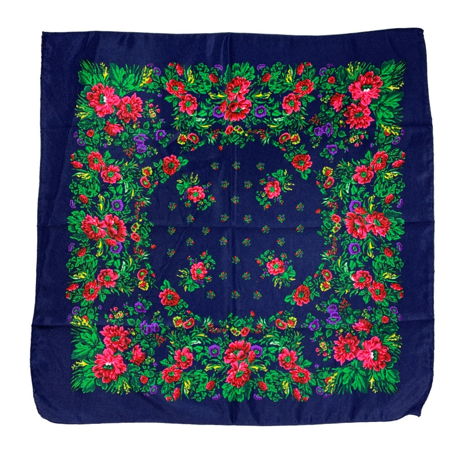 Babushka Bloom – 70cm Retro Floral Square Headscarf for Women