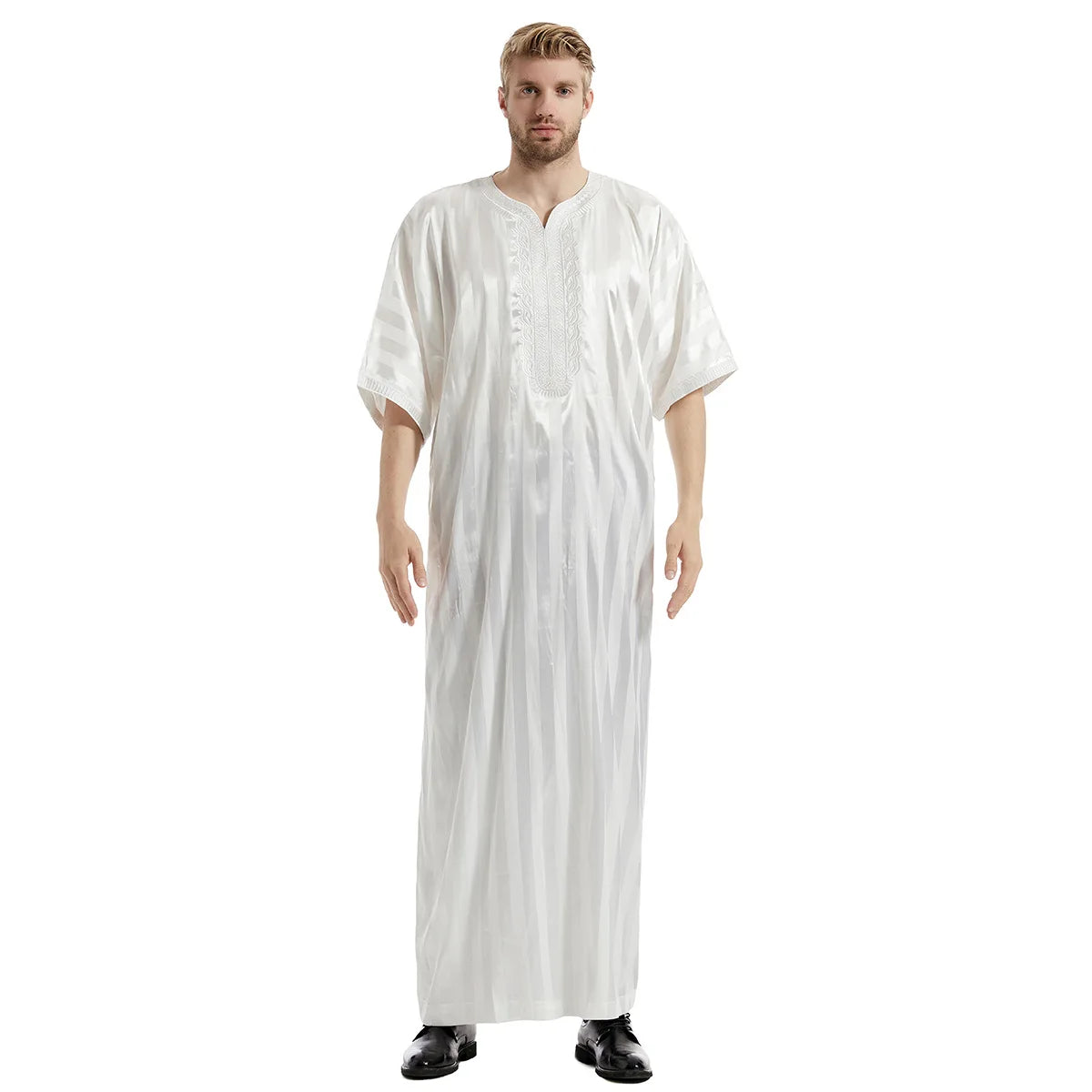 Middle Eastern Muslim Men's Striped Middle Sleeve Embroidered Robe Half Sleeve Arabic Costume Traditional Men's Robe