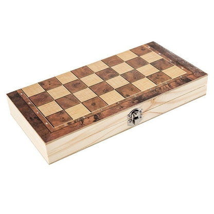 RTENTE-Wooden Foldable 3 In 1 Chess Backgammon Wooden Board Folding Board Game