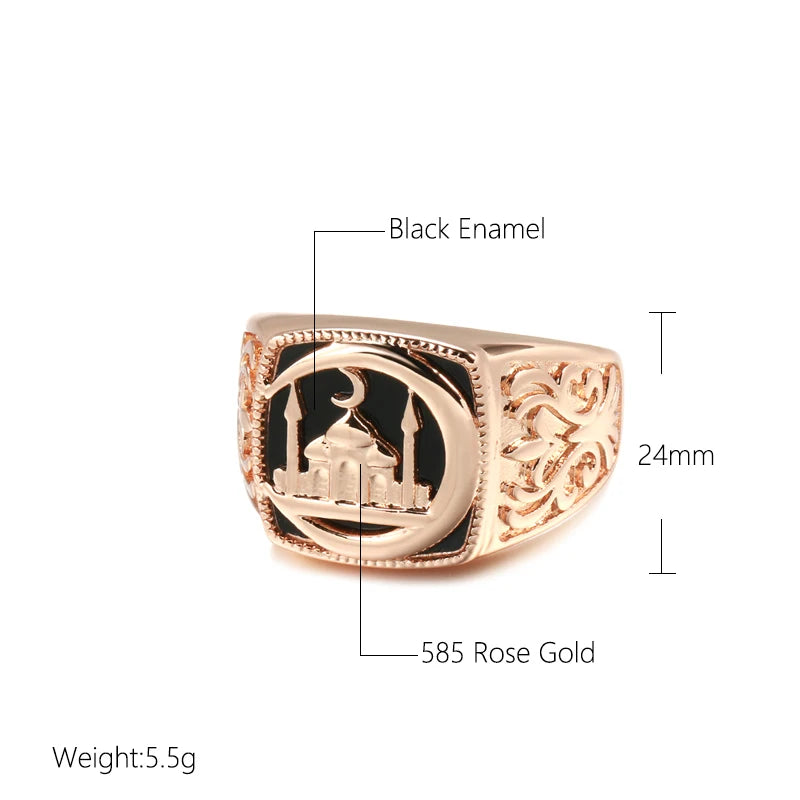 SYOUJYO Black Signet Men's Ring With 585 Rose Gold Color Castle Pattern Exquisite Carving Big Size Easy-Matching Daily Jewelry
