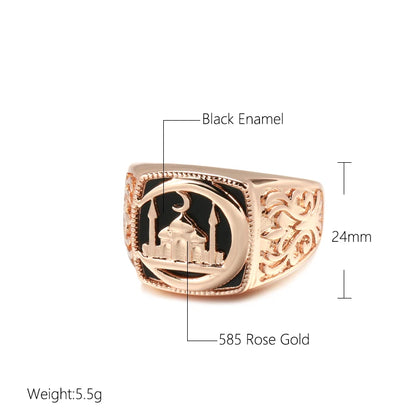SYOUJYO Black Signet Men's Ring With 585 Rose Gold Color Castle Pattern Exquisite Carving Big Size Easy-Matching Daily Jewelry