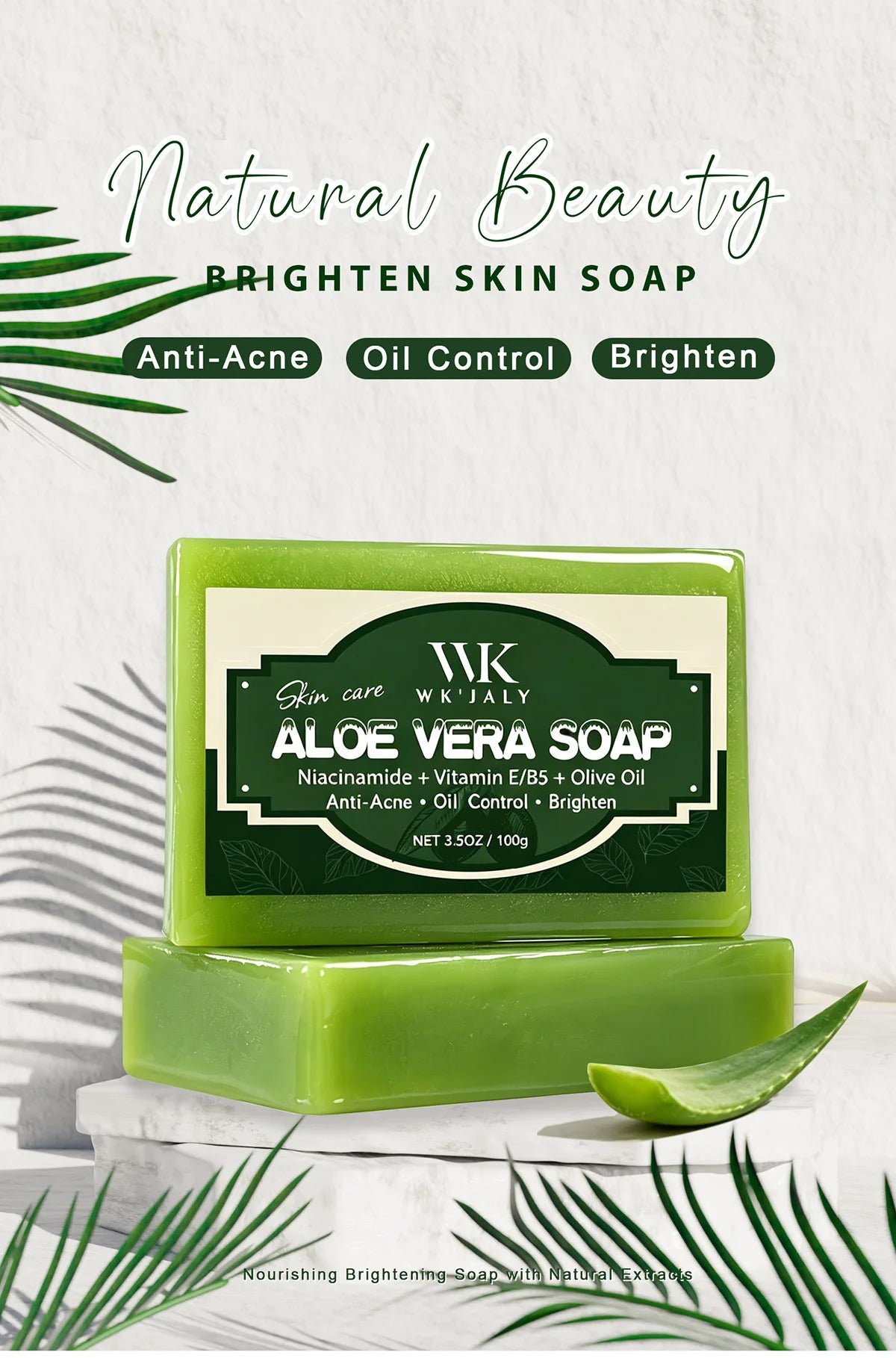 WK Natural Aloe Vera Soap, Clean Skin, Anti Acne, Oil Control, Brighten, With Niacinamide, Vitamin E, Olive Oil, For Face, Body