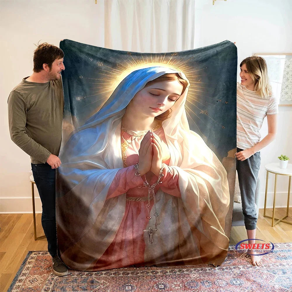 6 Size Merciful Virgin Mary Flannel Art Blanket, Home Sofa Office Nap Blanket for Four Seasons, Machine Washable Flannel Blanket