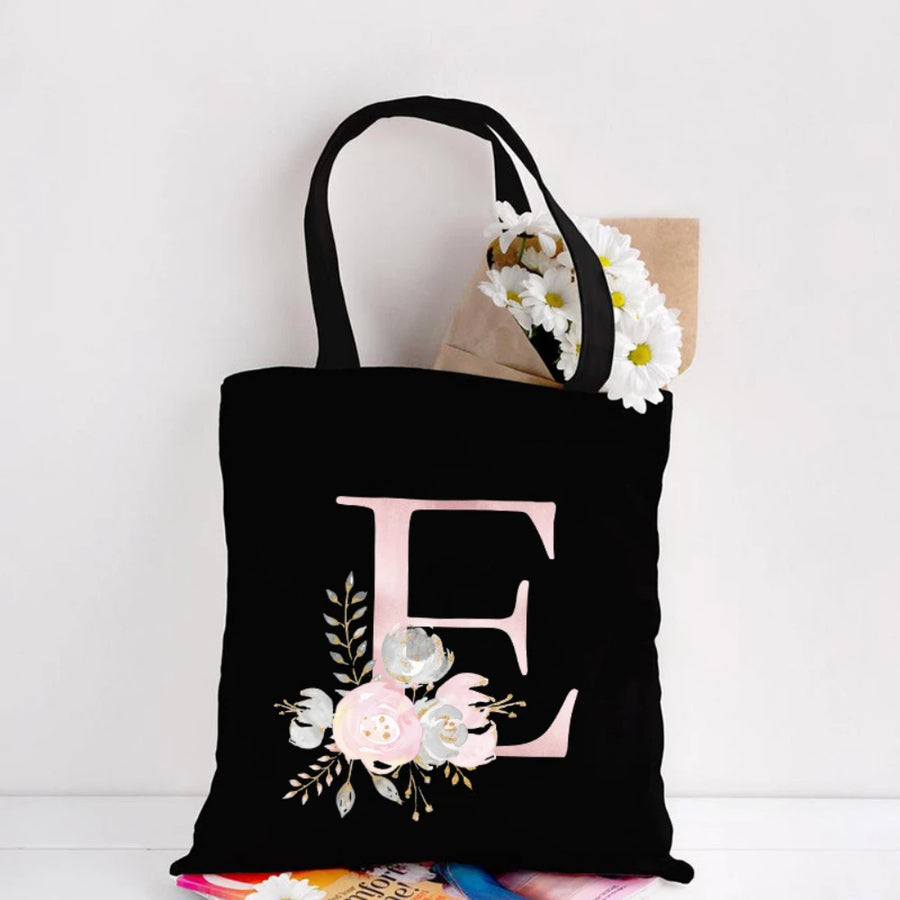 Her Letter, Her Bloom – Personalized Floral Initial Canvas Tote