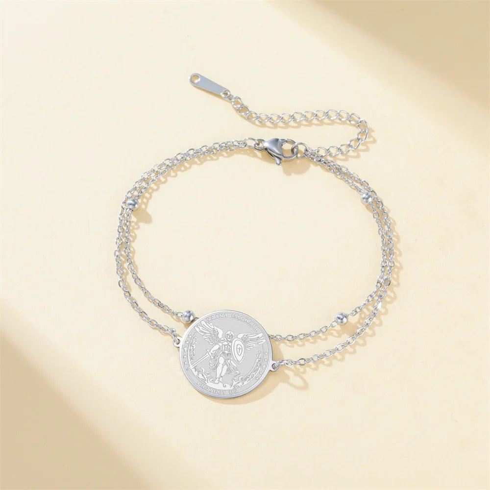 St. Michael Archangel Bracelet Stainless Steel Adjustable Link Chain Braided Rope Jewelry Protect Us Religious Amulet Christian