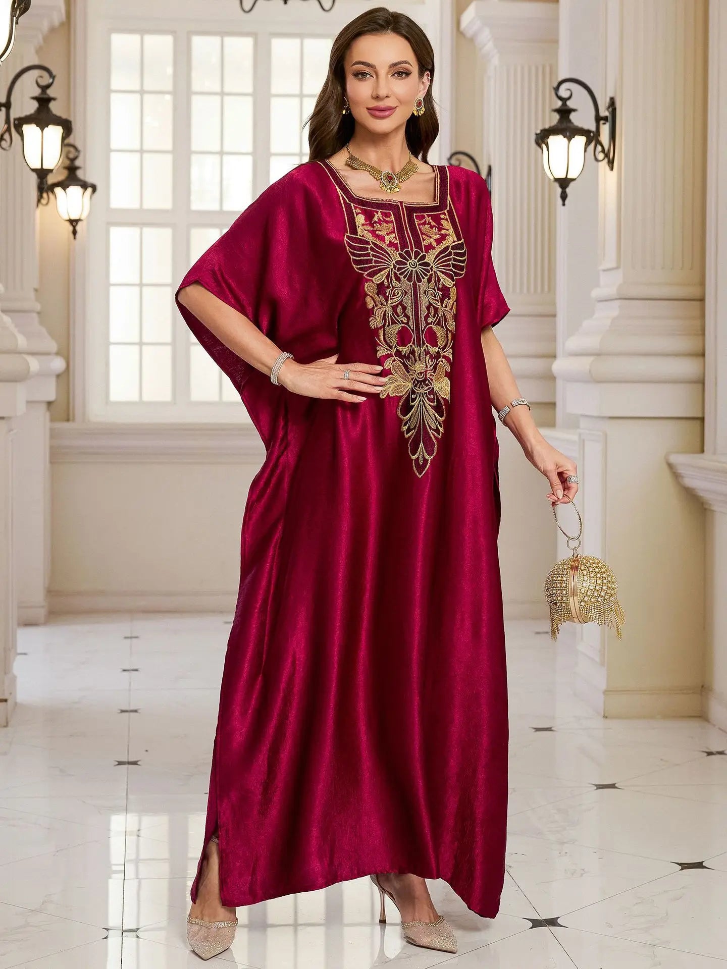 Beach Kaftans for Women Shining Material Embroidered Elegant Maxi Dresses Cover Ups for Swimwear Holiday Beachwear Bathing Suits
