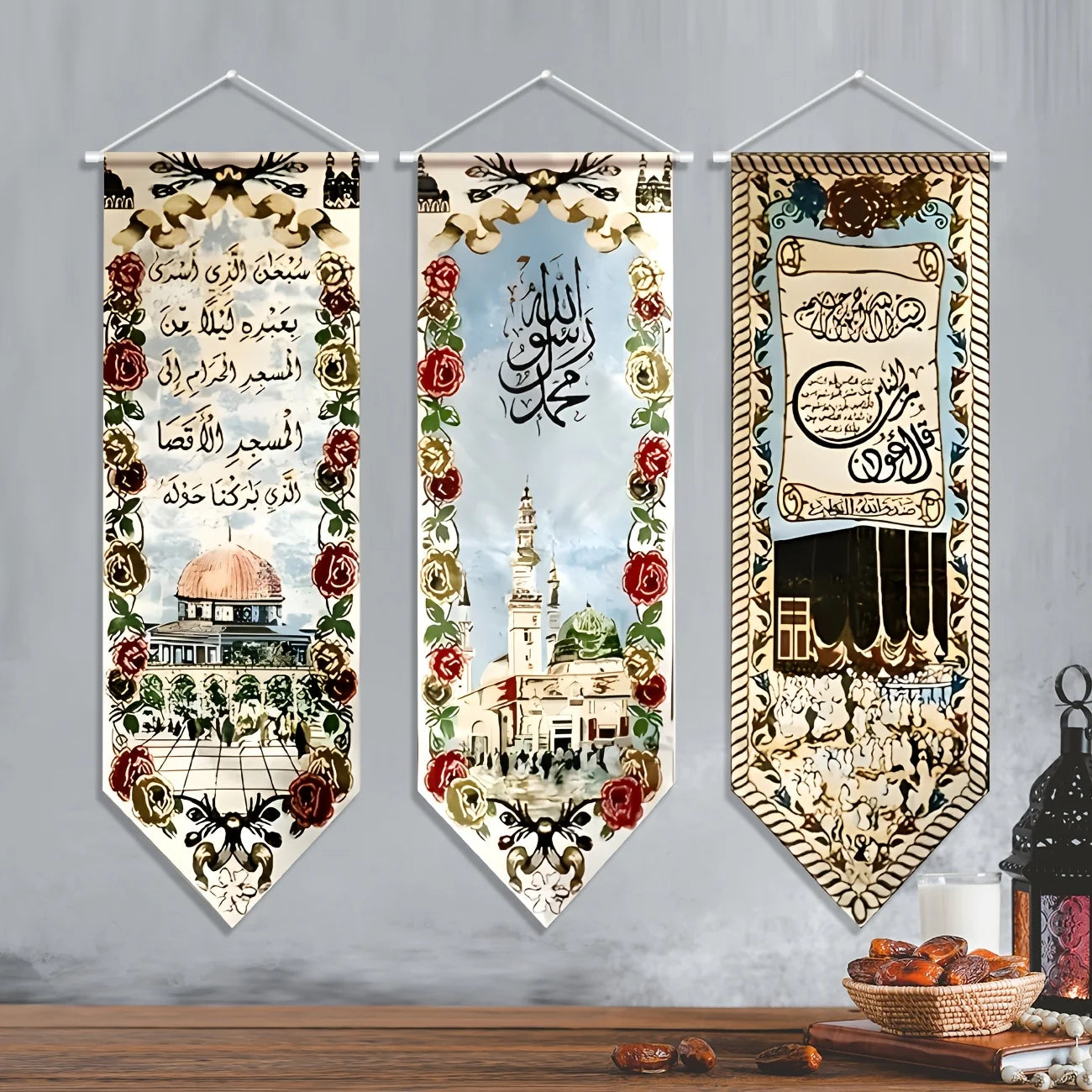 3Pcs Eid Mubarak Decorations Ramadan Kareem Hanging Door Sign Ramadan Mubarak Banner Party Decorations Welcome Wall Banner for