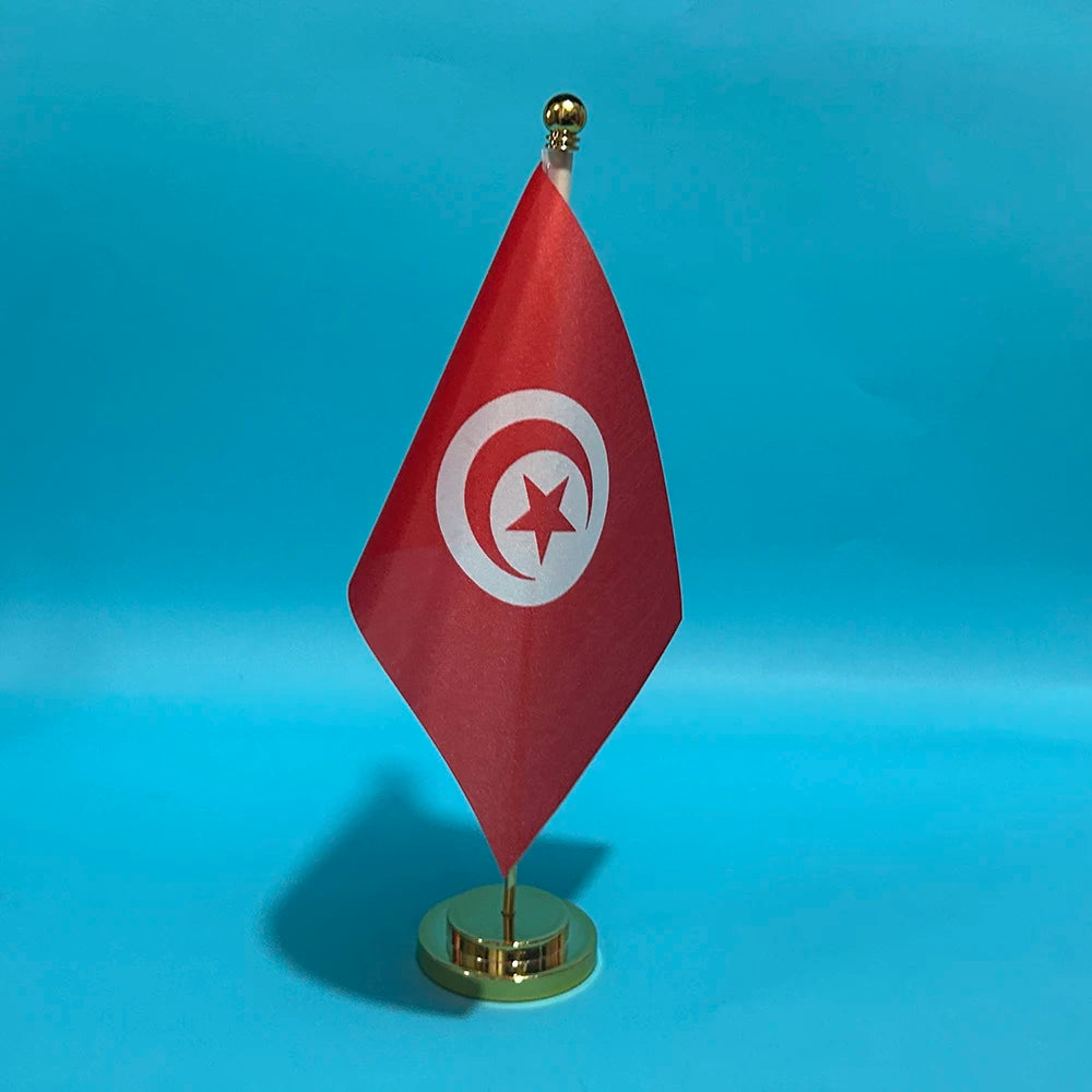 Tunisia Desk Flag 14×21cm – Polyester National Banner with Stand