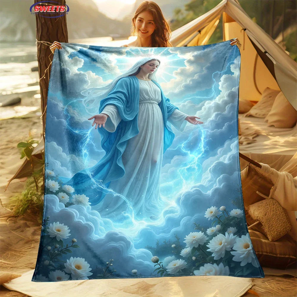 6 Size Merciful Virgin Mary Flannel Art Blanket, Home Sofa Office Nap Blanket for Four Seasons, Machine Washable Flannel Blanket
