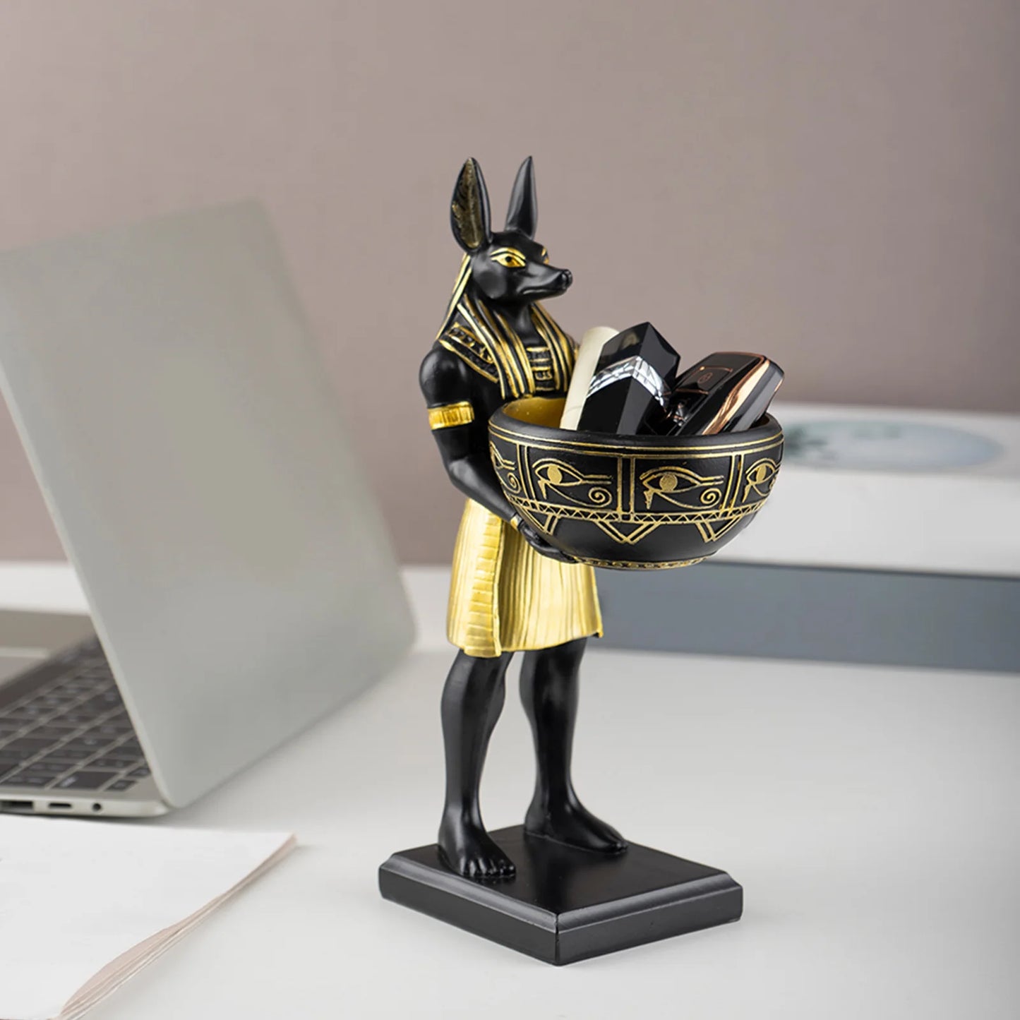 25cm Anubis God Statue Ancient Egypt Art Sculpture with Bowl for Keys/Jewelry Gift for Mythology Lovers & History Buffs