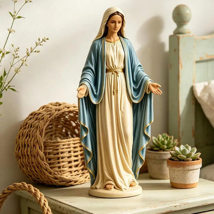 Mary Statue 12cm Open Arms Religious Figurine Resin Mary Desk Ornament for Home Living Room Bedroom Bathroom Desktop Bookshelf