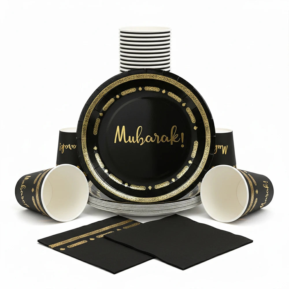Eid Mubarak Ramadan Kareem Party Black Gold Paper Plates Cup Napkins Mubarak Umrah Banner for Islamic Muslim Festival Decoration