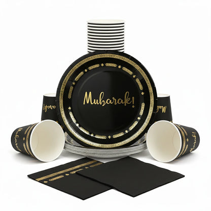 Eid Mubarak Ramadan Kareem Party Black Gold Paper Plates Cup Napkins Mubarak Umrah Banner for Islamic Muslim Festival Decoration