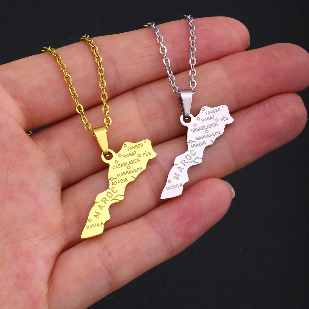 Morocco Map & Cities Pendant – Stainless Steel Necklace, Gold & Silver Color