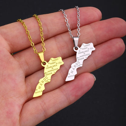 Morocco Map & Cities Pendant – Stainless Steel Necklace, Gold & Silver Color