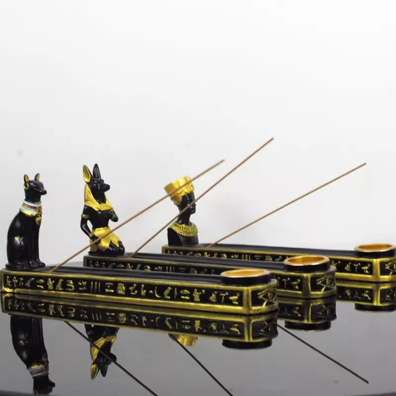Egyptian Deity Incense Holder Set – Anubis, Bastet & Queen Resin Candle Statues