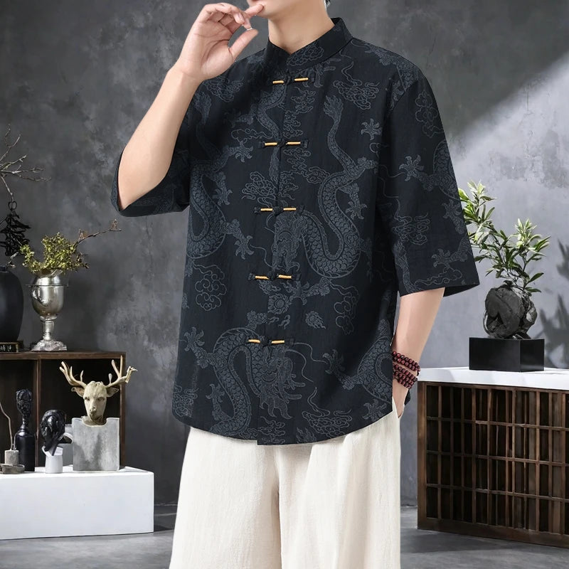 Men's Lightweight Printed Shirt Summer Chinese Style Mandarin Collar Casual Top with Frog Buttons Oriental Design