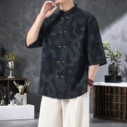 Men's Lightweight Printed Shirt Summer Chinese Style Mandarin Collar Casual Top with Frog Buttons Oriental Design