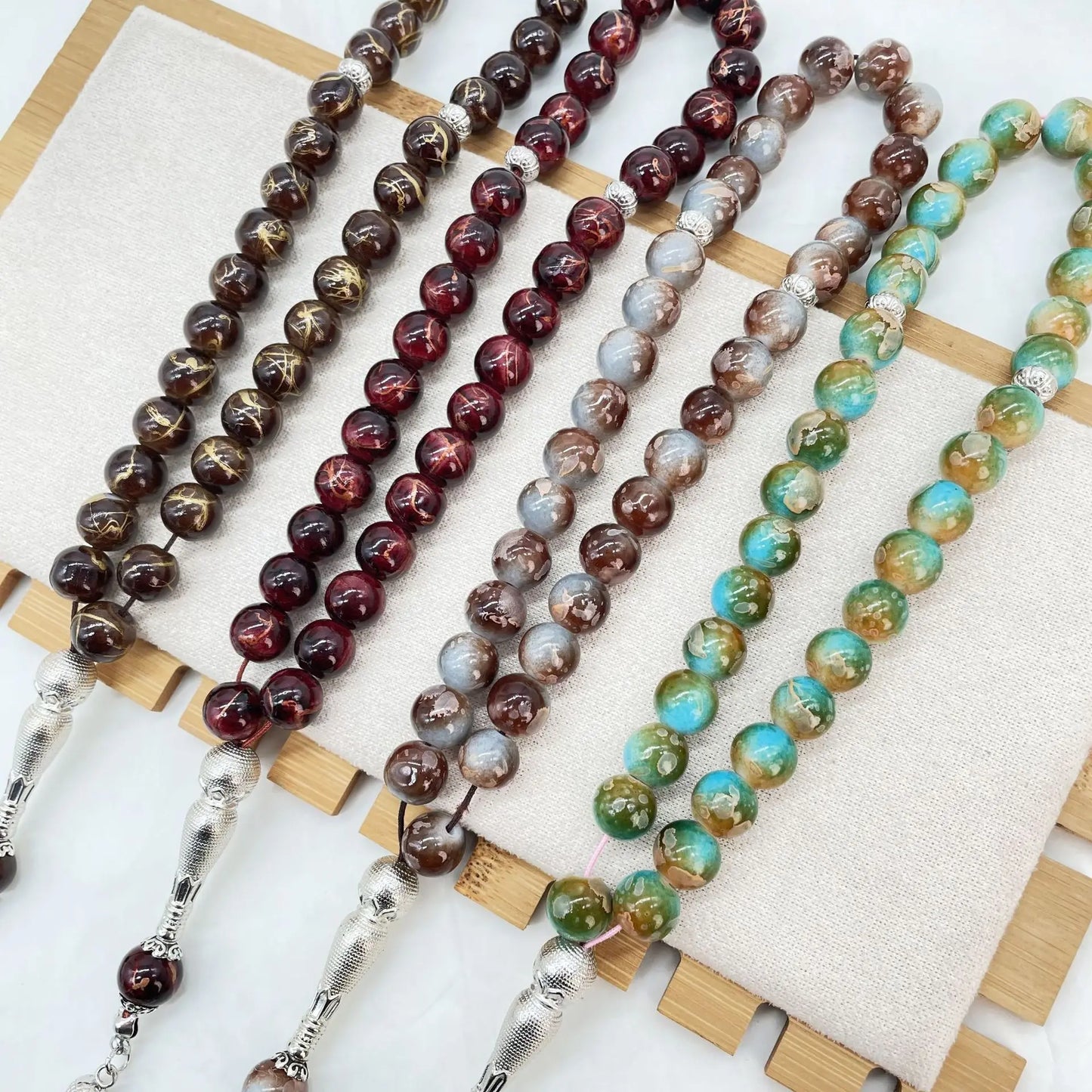 Colorful Islamic Prayer Beads with Metallic Tassel, Muslim Glass Tasbih Bracelet for Ramadan Valentine's Thanksgiving Gift Idea