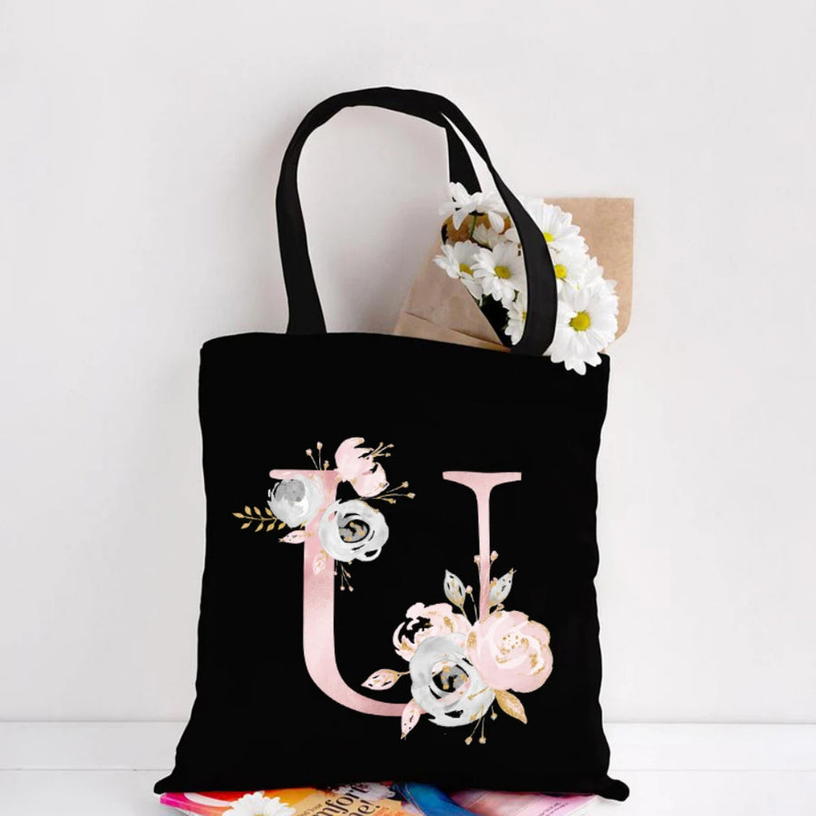 Her Letter, Her Bloom – Personalized Floral Initial Canvas Tote