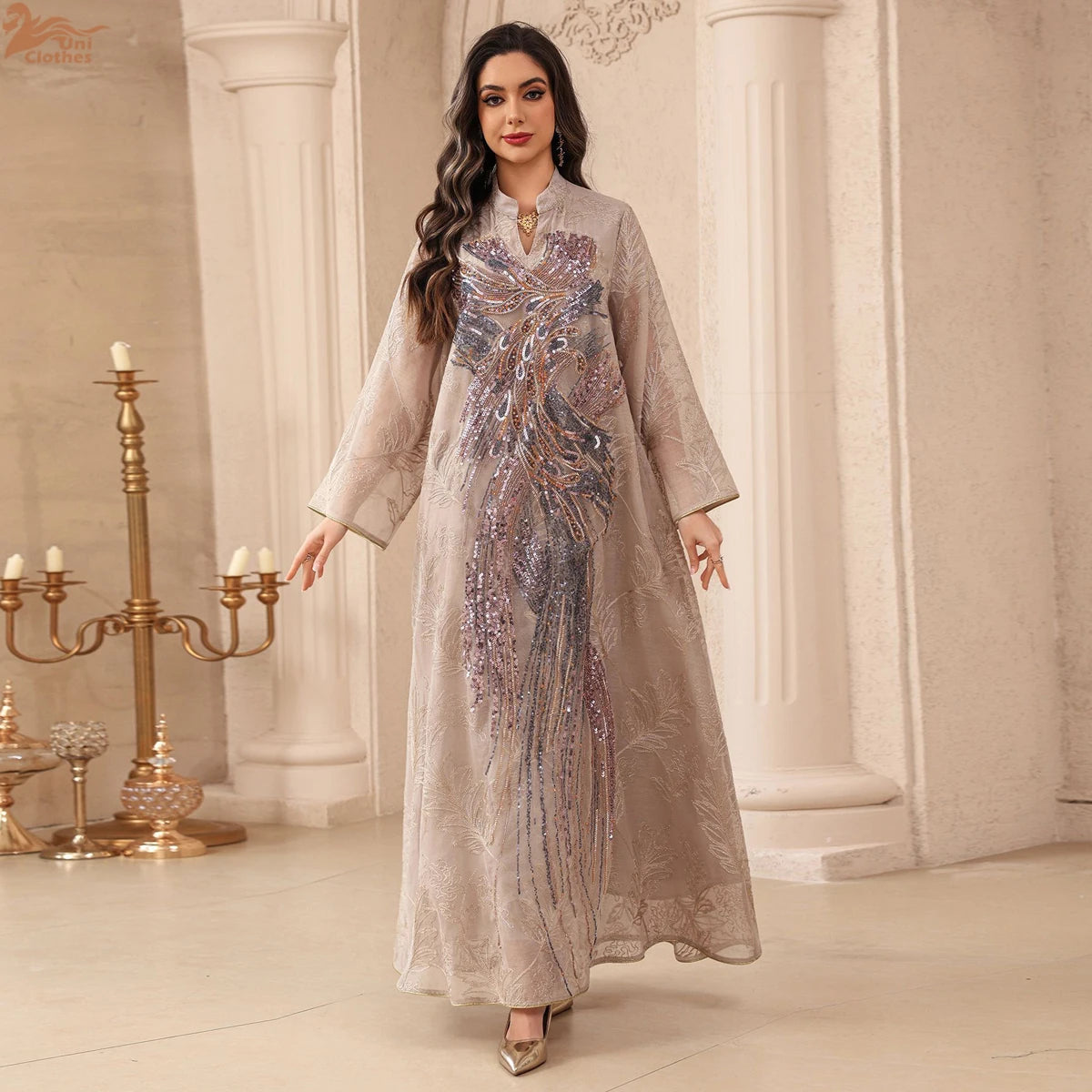 Zahraa Dubai Sequins Luxury Woman Evening Dress Mesh Embroidered Abaya V-Neck Caftan Marocain Femme 2026