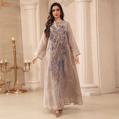 Zahraa Dubai Sequins Luxury Woman Evening Dress Mesh Embroidered Abaya V-Neck Caftan Marocain Femme 2026