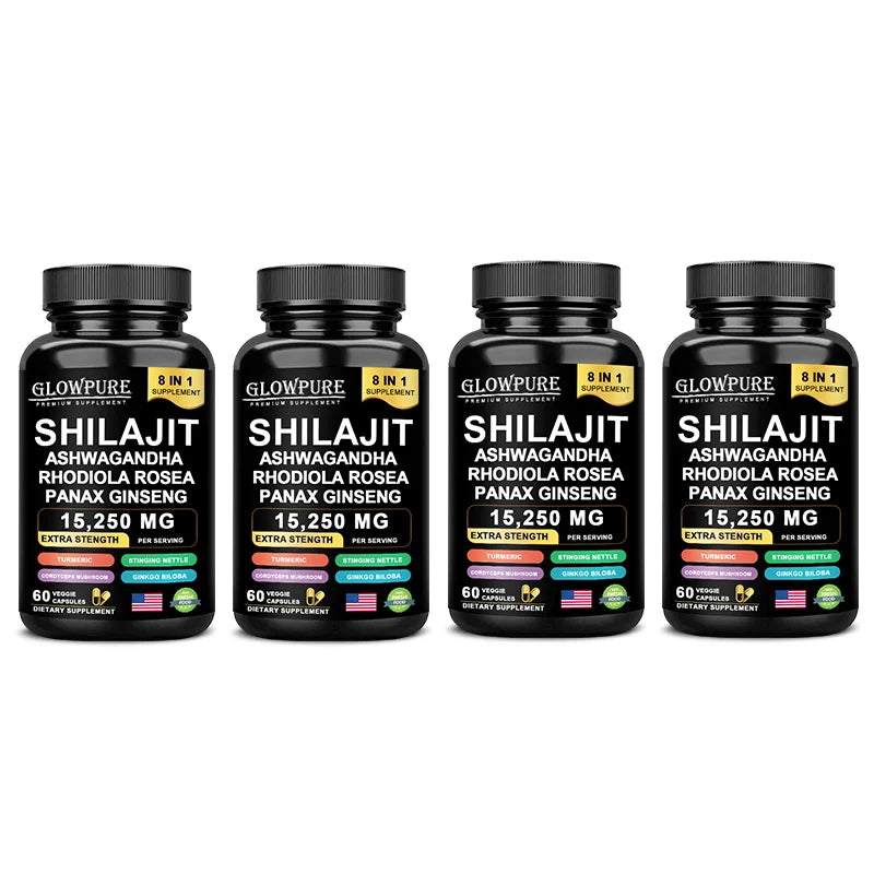 Shilajit 8-in-1 Supplement with Ginseng & Ashwagandha Supports Brain Memory Energy Immunity Focus Vitality 30/60 Capsules