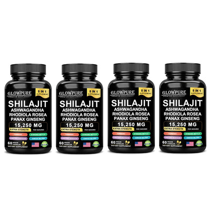 Shilajit 8-in-1 Supplement with Ginseng & Ashwagandha Supports Brain Memory Energy Immunity Focus Vitality 30/60 Capsules
