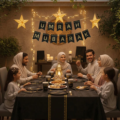 Eid Mubarak Ramadan Kareem Party Black Gold Paper Plates Cup Napkins Mubarak Umrah Banner for Islamic Muslim Festival Decoration