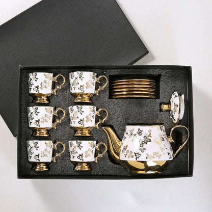 European Arabic Style Gold Plated 6 Cups and 6 Plates and Pot Gift Box Set Ceramic Tea Coffee Cup and Saucer Set for Parties