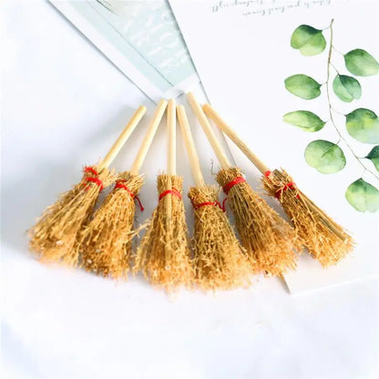 10Pcs Halloween Party Photo Props Mini Witch Hat Mini Broom Miniature Straw Brooms Plastic Witch Hats and Brooms for Halloween