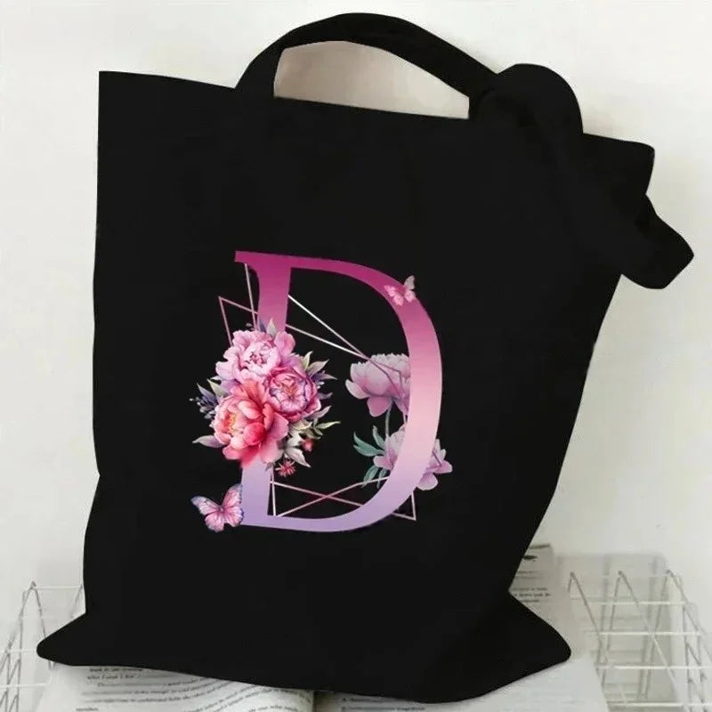 Noir Florale – Black Purple Alphabet Canvas Shoulder Tote