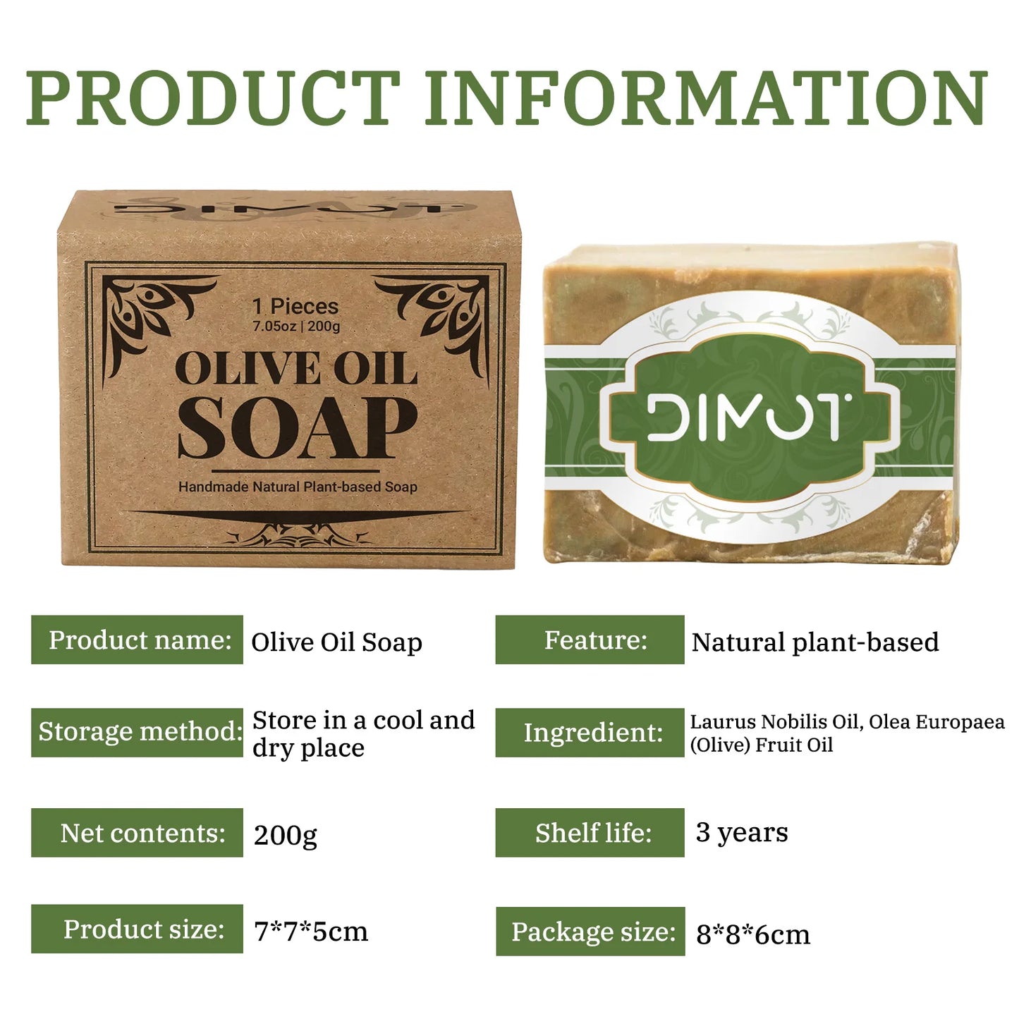 Olive Oil Soap Bar - Handmade Natural Plant-Based Soap for Face, Body & Hair, with Olive Fruit Oil, for Moisturizing 200g