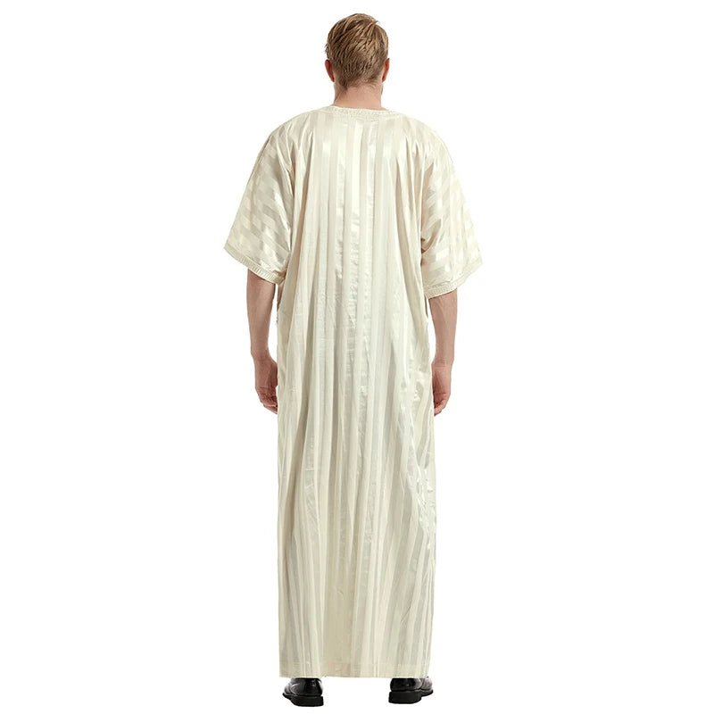 Middle Eastern Muslim Men's Striped Middle Sleeve Embroidered Robe Half Sleeve Arabic Costume Traditional Men's Robe