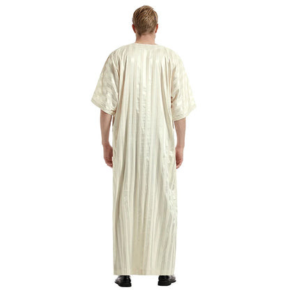 Middle Eastern Muslim Men's Striped Middle Sleeve Embroidered Robe Half Sleeve Arabic Costume Traditional Men's Robe