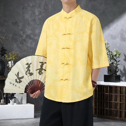 Men's Lightweight Printed Shirt Summer Chinese Style Mandarin Collar Casual Top with Frog Buttons Oriental Design