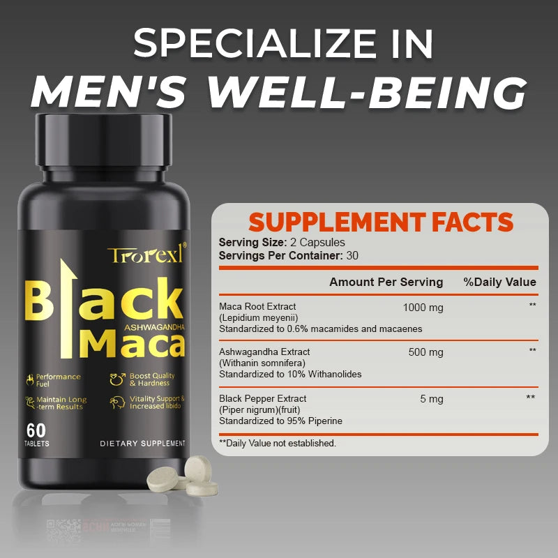 Natural Black Maca ERECTEnhancer, Male Power Strength Supplements for Volume Enhancing, Max Stamina Capsule for Man
