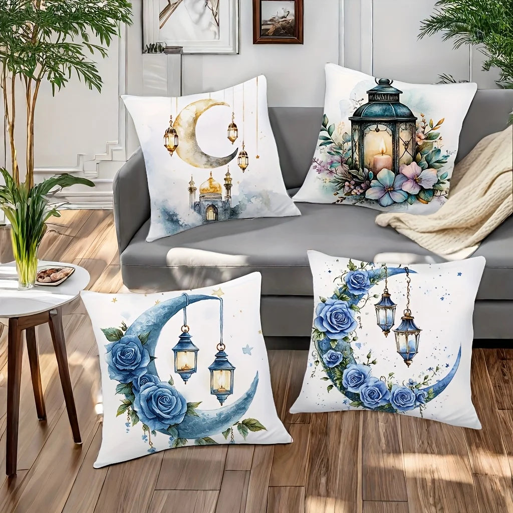 4Pcs Islamic Crescent Moon Pillow Covers 45x45cm Double-sided Printed Lantern Rose Cushion Cases Ramadan Decor Throw Pillows No