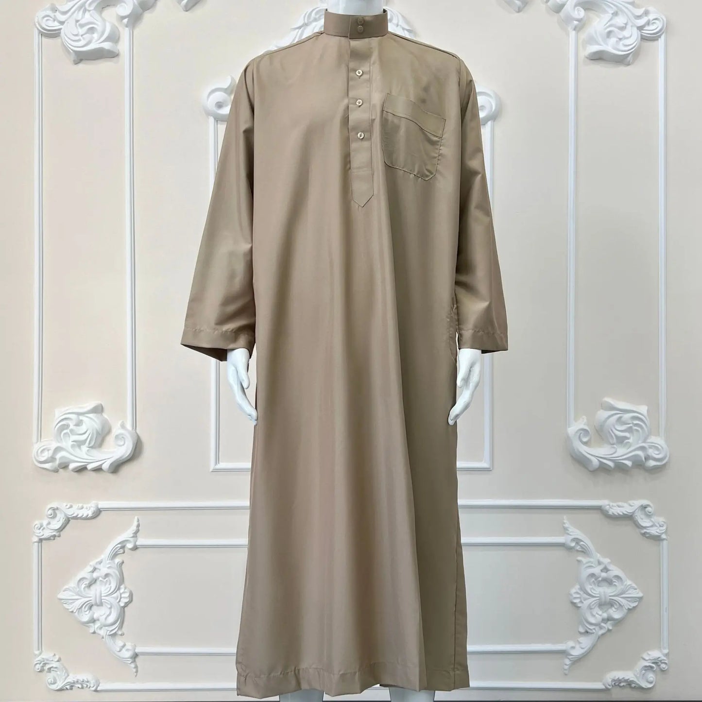 Polyester men's long robe, Qatar style stand collar robe, pocket design, Arabian and Middle Eastern men's clothing, available in