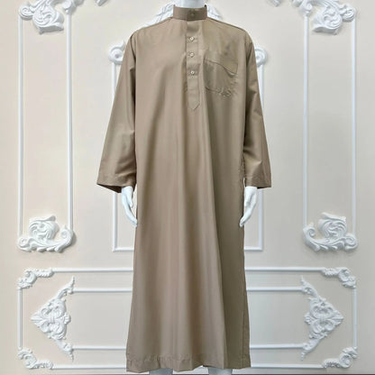 Polyester men's long robe, Qatar style stand collar robe, pocket design, Arabian and Middle Eastern men's clothing, available in