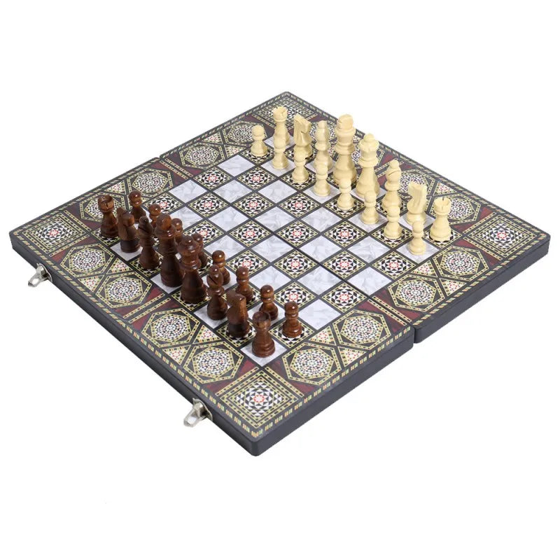 Luxury Knight Wooden 3-in-1 Chess Backgammon Foldable Intellectual Entertainment Game Portable Board Multiple Modes