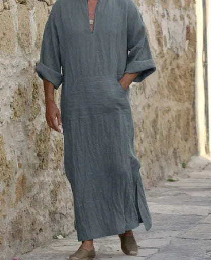 2026 New Muslim Robe Solid Color Retro Arab Islamic Clothing Men Dress Casual Cotton Linen Long Kaftan Middle East Caftan Abayas