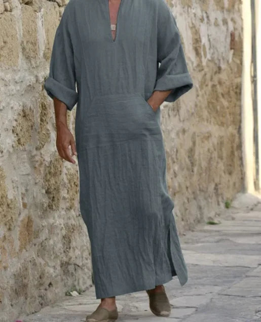 The Essential Thobe – Solid Color Cotton Linen Kaftan for Men