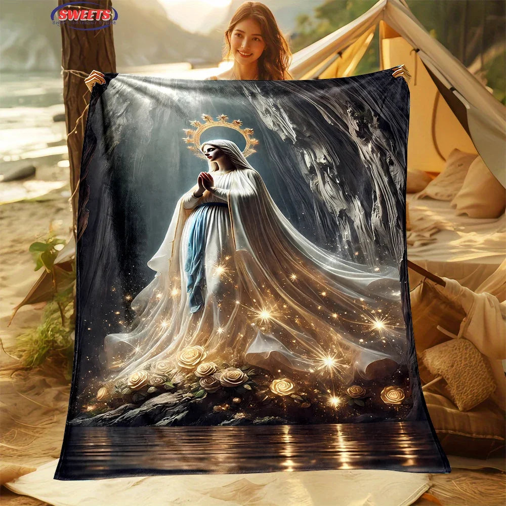 6 Size Merciful Virgin Mary Flannel Art Blanket, Home Sofa Office Nap Blanket for Four Seasons, Machine Washable Flannel Blanket