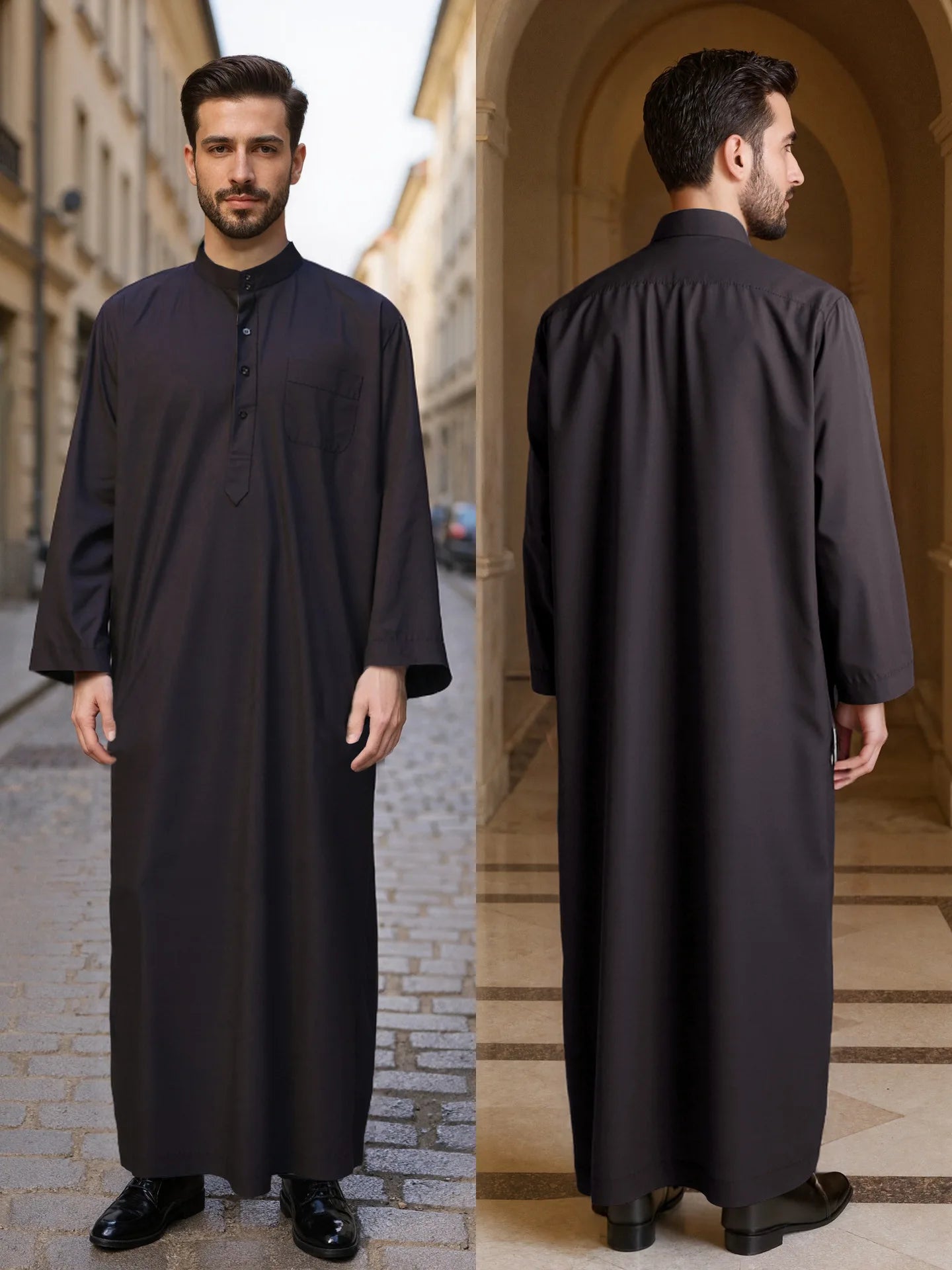Polyester men's long robe, Qatar style stand collar robe, pocket design, Arabian and Middle Eastern men's clothing, available in