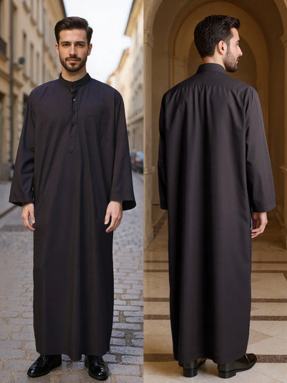 Polyester men's long robe, Qatar style stand collar robe, pocket design, Arabian and Middle Eastern men's clothing, available in