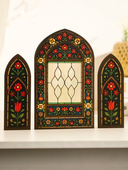 3Pcs/Set Islamic Geometric Arch Decor Golden & Floral Acrylic Table Ornaments Wooden Festive Home Decor for Ramadan & Eid Gifts