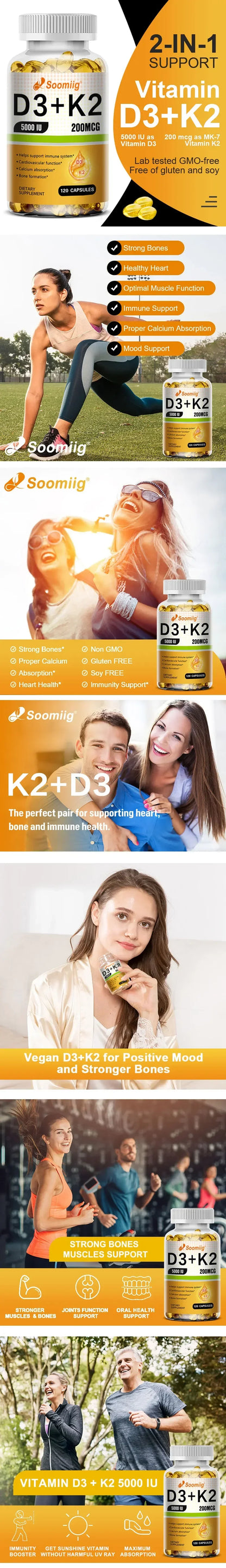 Vitamin D3 5000IU and 200 Mcg Vitamin K2 (MK-7) Capsules for Calcium Absorption, Bone Regeneration, Immune Support, Easy To Melt